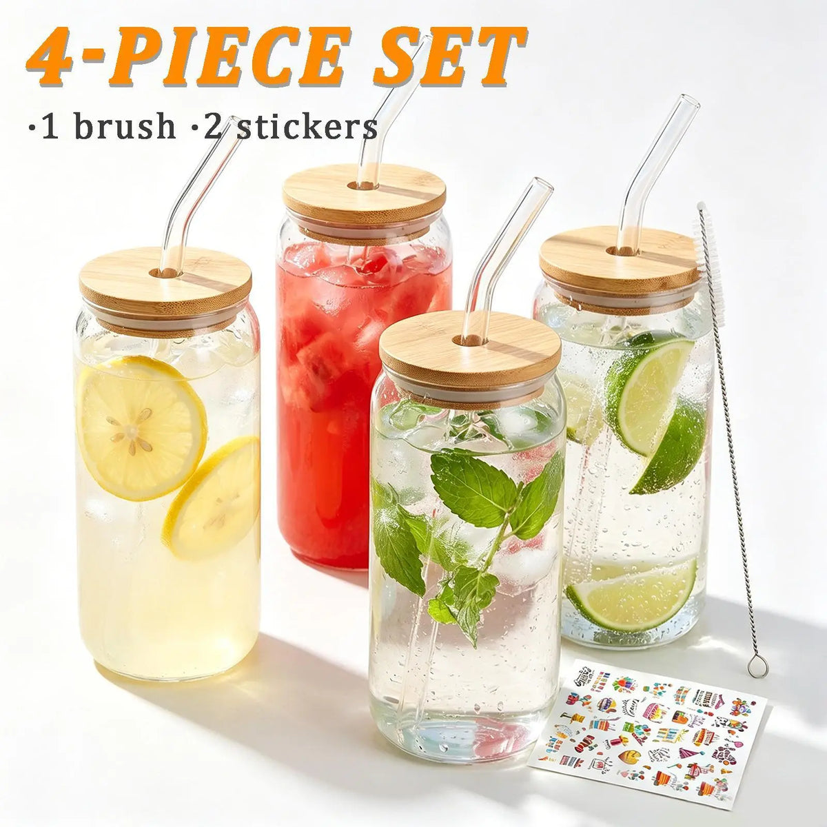 4pcs 24oz Non-Striped Glass Cups with Bamboo Lids, Straws, Glass Body & Handle Grip - Portable Classic Cold Beverage Tumbler, Reusable On-The-Go Kitchen Drinkware, Perfect for Gifts