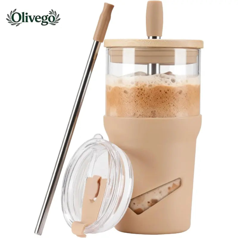 Olivego Eco-friendly 20oz BPA-free Lead-free Reusable Glass Water Bottle Tumbler - Bamboo 2-in-1 Straw Lid, Anti-slip Silicone Sleeve, Portable, Washable, Durable Kitchenware Drinkware, Car-cup Holder Fit, Outdoor Iced Coffee Use