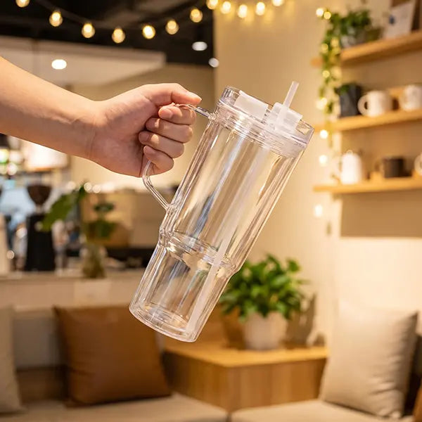 VAKAROTK 20pcs 40oz Snow Globe Acrylic Handle Tumbler, Double-Wall Plastic Cup with Handle Straw, DIY Glitter Gift Drinkware Bottle