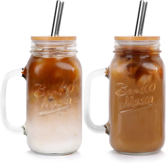 ANOTION   24oz Mason Jar with Lid and Straw, Regular Mouth with Handle Drinking Glasses Tumbler Reusable Boba Smoothie Water Bottles for Iced Coffee