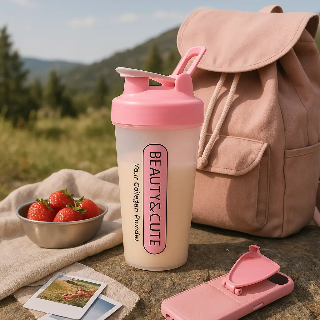 Beauty & Cutie Collagen Shaker Bottle - Pink Lid Transparent Body for Your Collagen Powder
