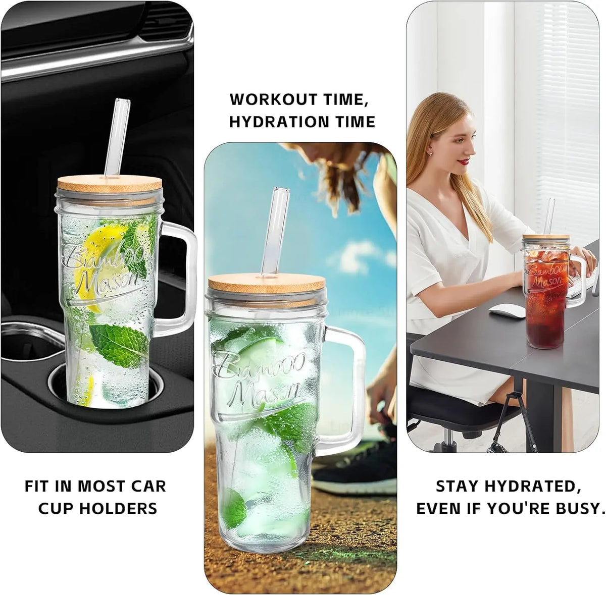 ANOTION 24oz Glass Cups with Lids and Straws with Handle  -Tumbler Coffee Cups Mason Jar Cups Drinking Set Coffee Bar Accessories