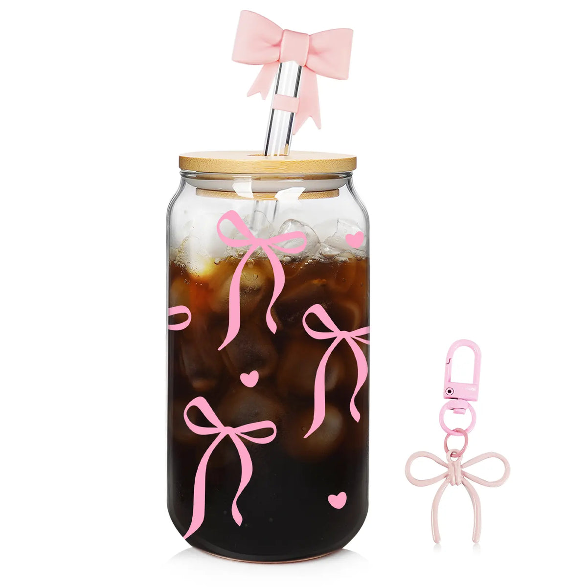 Summervibes 20oz Cherry Print Glass Tumblers with Bamboo Lids & Straws, Cute Drinking Glasses for Women, Reusable, pink bow