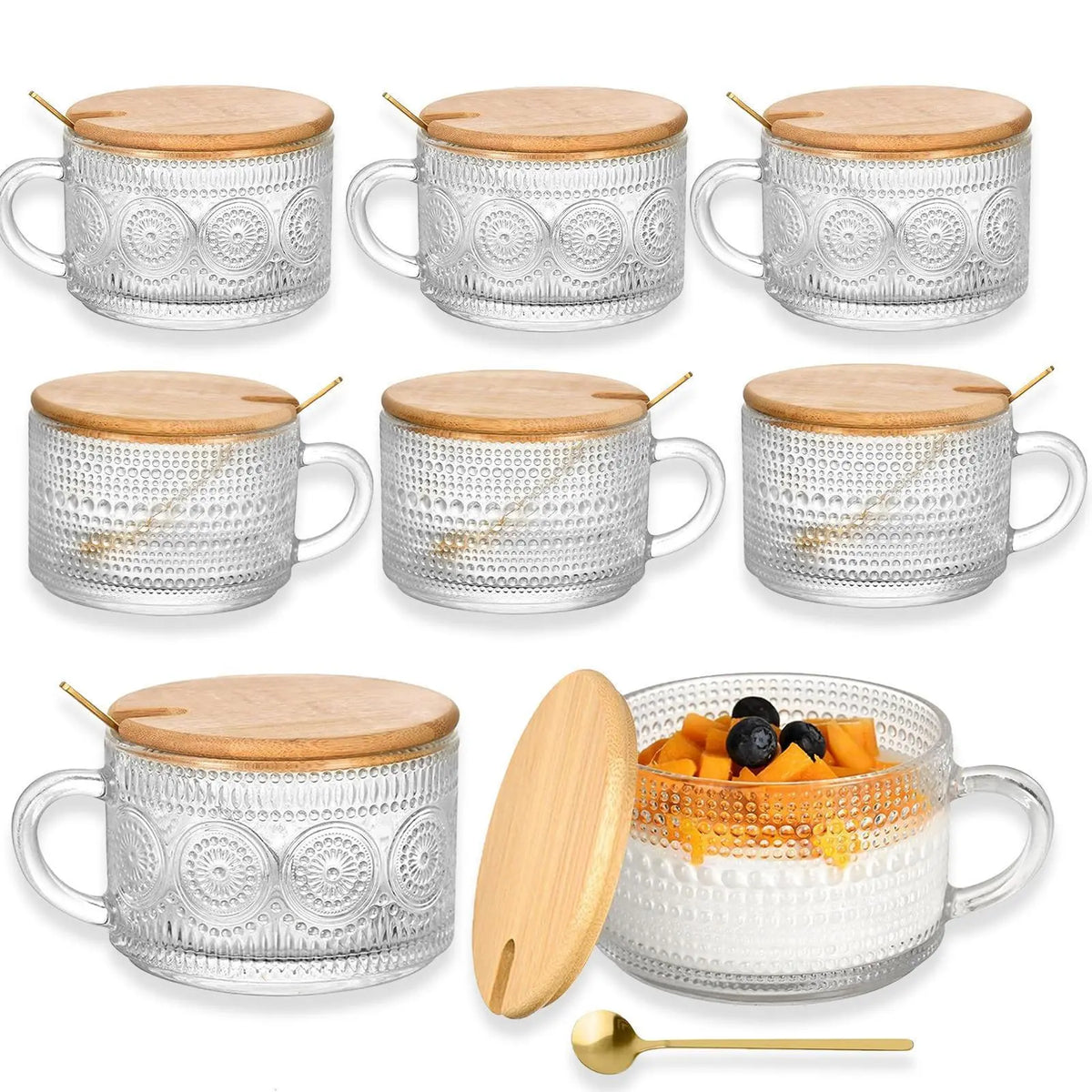 4pcs 24oz Non-Striped Glass Cups with Bamboo Lids, Straws, Glass Body & Handle Grip - Portable Classic Cold Beverage Tumbler, Reusable On-The-Go Kitchen Drinkware, Perfect for Gifts