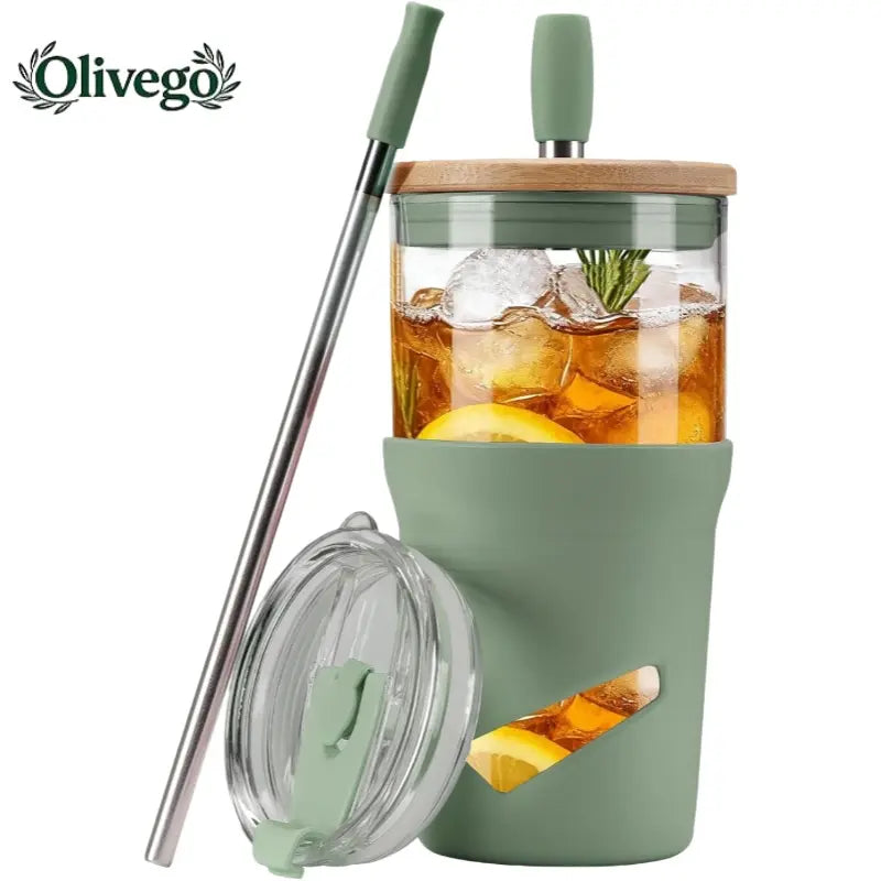 【Olivego】20oz Eco-Friendly Reusable Glass Water Tumbler - Portable 2-in-1 Cup with Bamboo Lid, Straw, Anti-Slip Silicone Sleeve, Wide-Mouth Clean, Slim Fit - Durable, Stylish Non-Insulated Hand Wash On-the-Go Drinkware for Coworkers, Adulting Gifts
