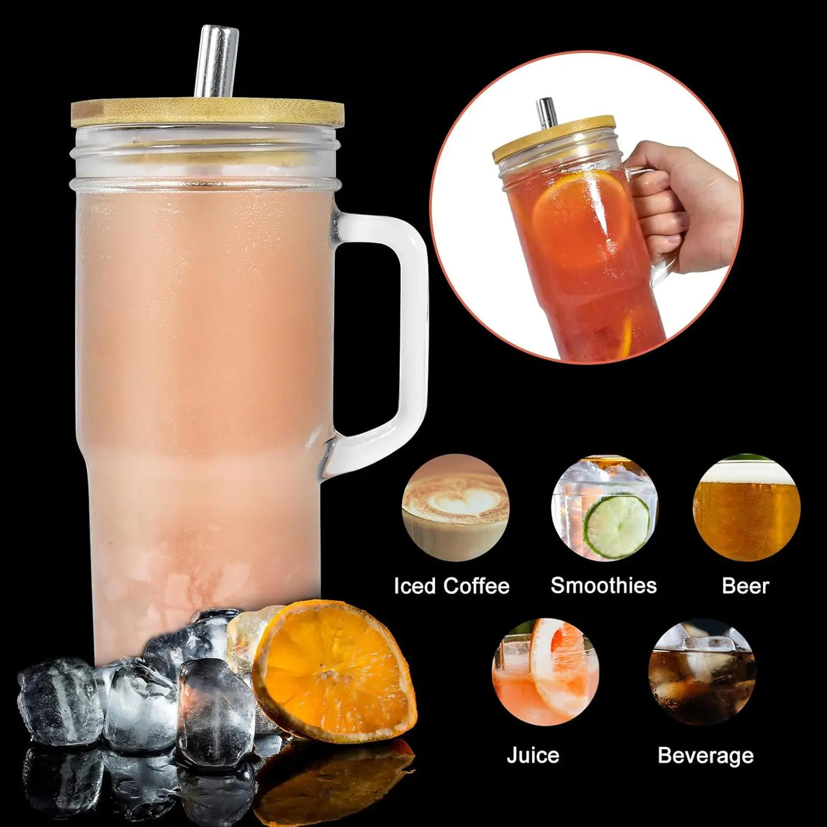 4pcs 24oz Non-Striped Glass Cups with Bamboo Lids, Straws, Glass Body & Handle Grip - Portable Classic Cold Beverage Tumbler, Reusable On-The-Go Kitchen Drinkware, Perfect for Gifts