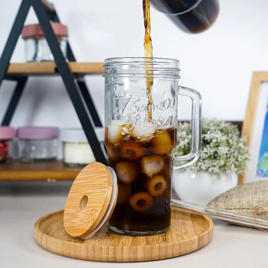 ANOTION 24oz Glass Cups with Lids and Straws with Handle  -Tumbler Coffee Cups Mason Jar Cups Drinking Set Coffee Bar Accessories