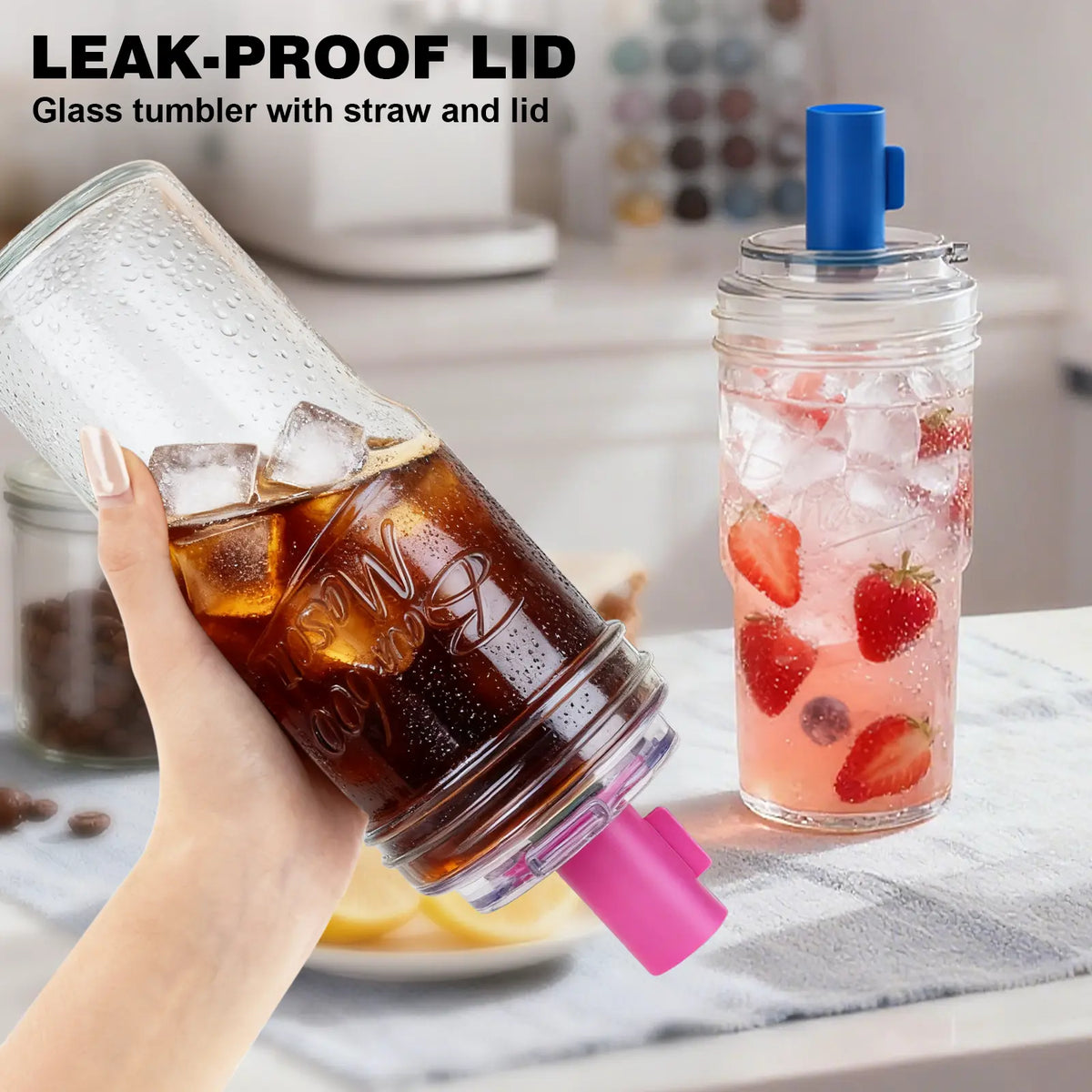 CAP CUP Upgraded 24oz Glass Cup with Leak-Proof Lid & Straw Perfect For Coffee, Smoothies, Juice & Cocktails