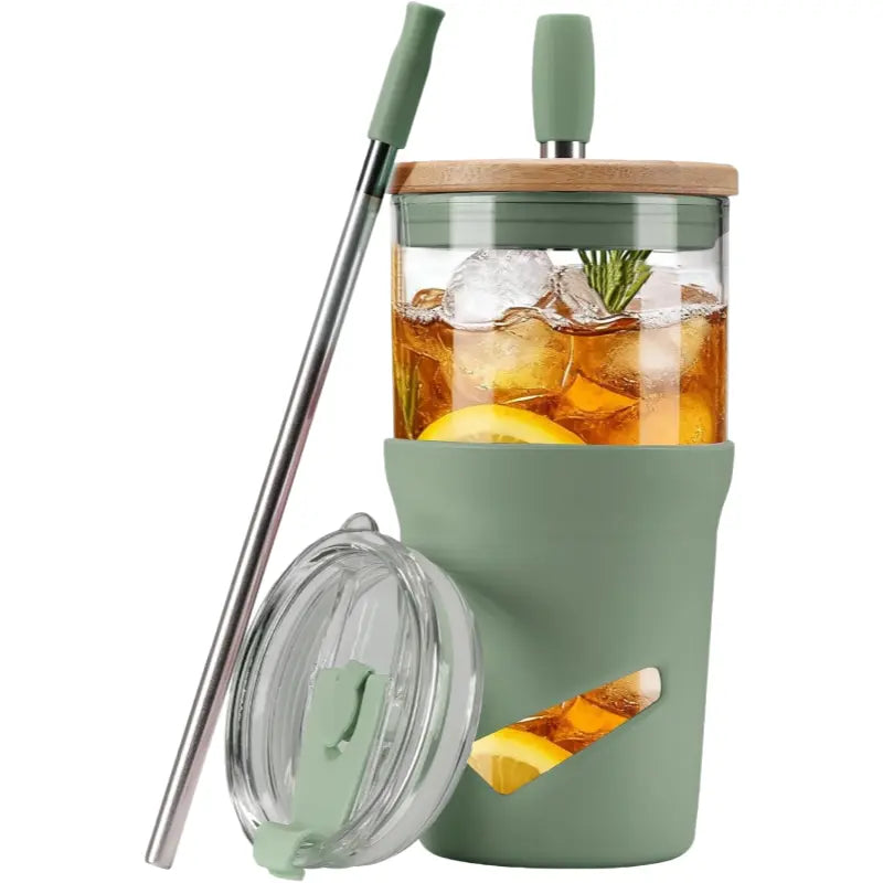Olivego Eco-friendly 20oz BPA-free Lead-free Reusable Glass Water Bottle Tumbler - Bamboo 2-in-1 Straw Lid, Anti-slip Silicone Sleeve, Portable, Washable, Durable Kitchenware Drinkware, Car-cup Holder Fit, Outdoor Iced Coffee Use