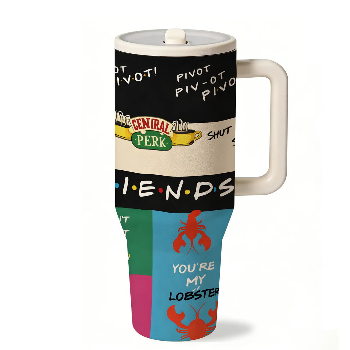 1pc 40oz Friends Coffeehouse Tumbler, Insulated Drinkware, Stainless Steel Insulated Mug with Handle, Vacuum Insulated Cups, Retro Quote Travel Cup for Coffee, Tea and Cold Drinks, Large Capacity Vacuum Flask Gift for Friends, Dad Tumbler
