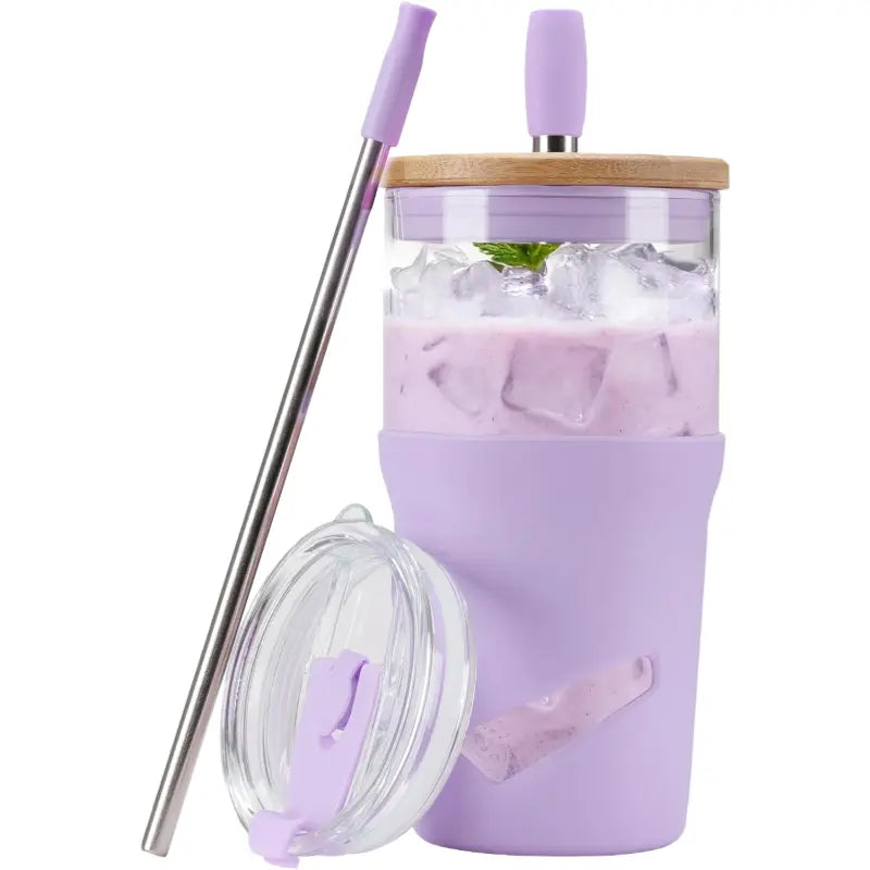 【Olivego】20oz Eco-Friendly Reusable Glass Water Tumbler - Portable 2-in-1 Cup with Bamboo Lid, Straw, Anti-Slip Silicone Sleeve, Wide-Mouth Clean, Slim Fit - Durable, Stylish Non-Insulated Hand Wash On-the-Go Drinkware for Coworkers, Adulting Gifts