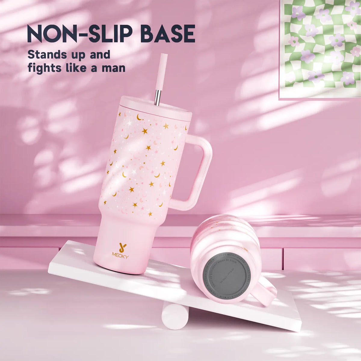 MEOKY 40oz Glow-in-the-Dark Star Print Blush Pink Leakproof Tumbler with Handle - Double Wall Insulated Stainless Steel Vacuum Flask, Non-Slip Base, Car-Friendly BPA-Free, Built-in Straw, Glow Pink Starry, Fun Design #tiktokshopstockup,sohochic
