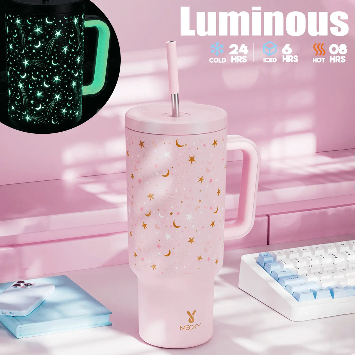 MEOKY 40oz Glow-in-the-Dark Star Print Blush Pink Leakproof Tumbler with Handle - Double Wall Insulated Stainless Steel Vacuum Flask, Non-Slip Base, Car-Friendly BPA-Free, Built-in Straw, Glow Pink Starry, Fun Design #tiktokshopstockup,sohochic