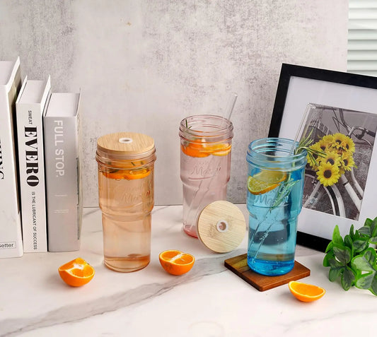ANOTION   24oz Colored Glass Cups with Bamboo Lids and Straws -Travel Coffee Mug Wide Mouth Mason Jar Iced Coffee Cup Smoothie Cup Glass Tumbler Cute Cups Drinking Glasses