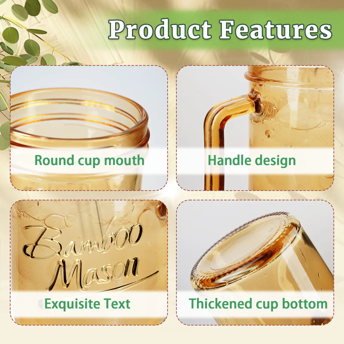 ANOTION  24oz Colored Glass Cups with Lids and Straws with Handle  -Tumbler Coffee Cups Mason Jar Coffee Bar Accessories Springtok  Bamboo Drinkware Bottles
