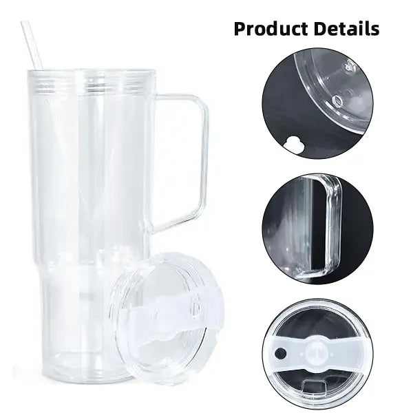 VAKAROTK 20pcs 40oz Snow Globe Acrylic Handle Tumbler, Double-Wall Plastic Cup with Handle Straw, DIY Glitter Gift Drinkware Bottle