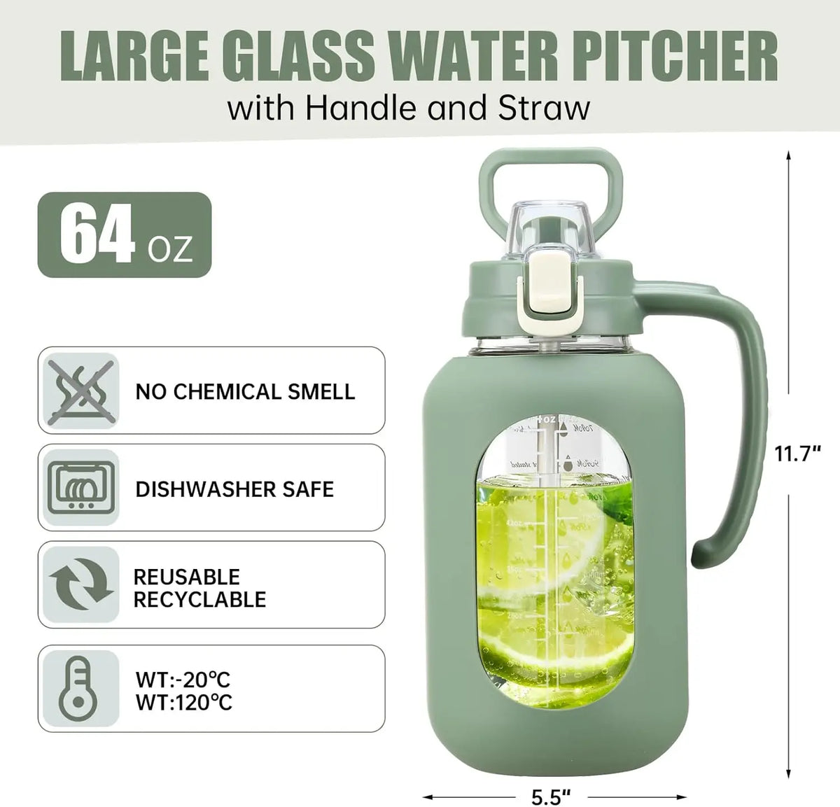 WINSA 64oz Leakproof Glass Water Bottle with Lid, Handle Grip, Time Markers, Silicone Sleeve for Gym Hiking, Coffee, Juice
