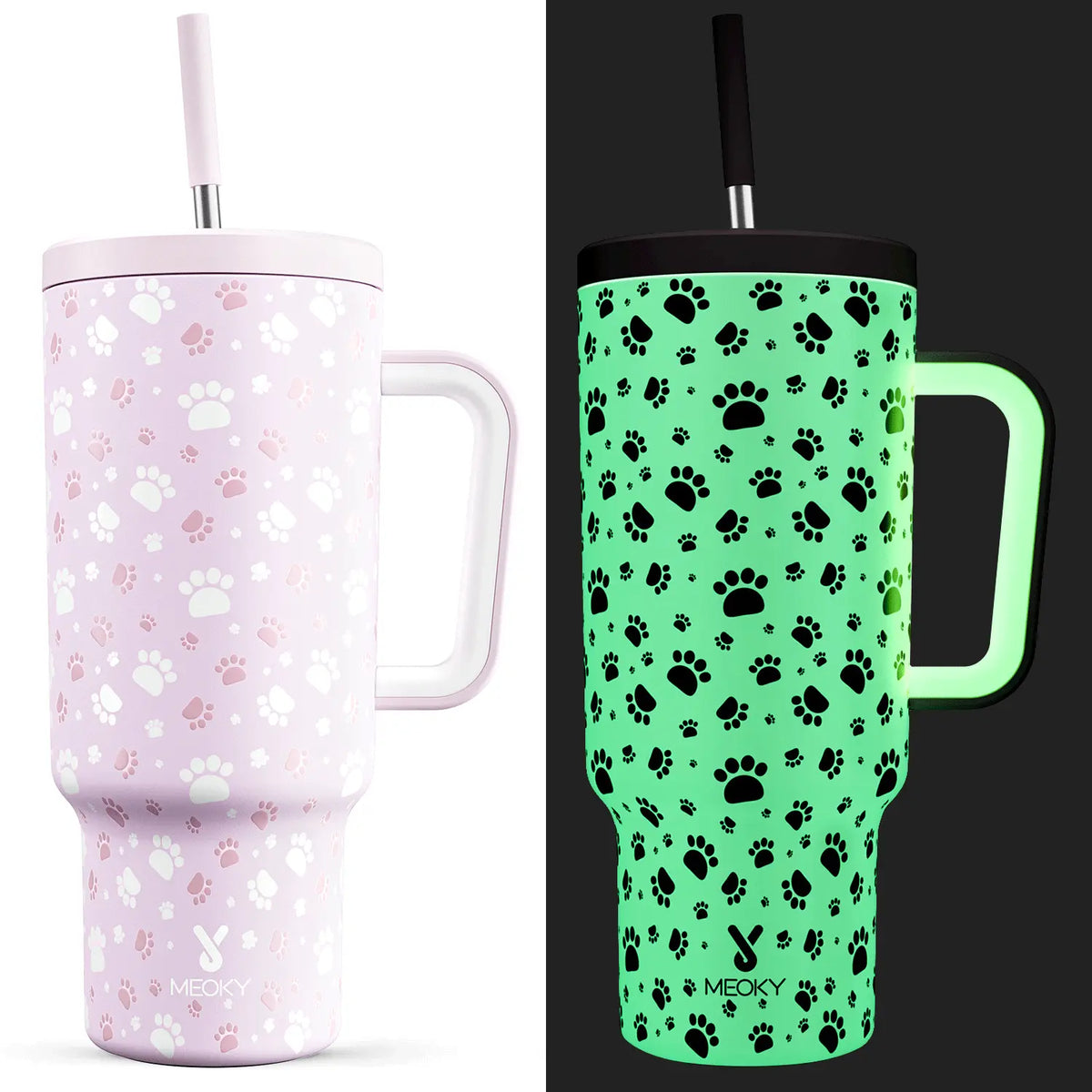MEOKY 40oz Glow-in-the-Dark Star Print Blush Pink Leakproof Tumbler with Handle - Double Wall Insulated Stainless Steel Vacuum Flask, Non-Slip Base, Car-Friendly BPA-Free, Built-in Straw, Glow Pink Starry, Fun Design #tiktokshopstockup,sohochic