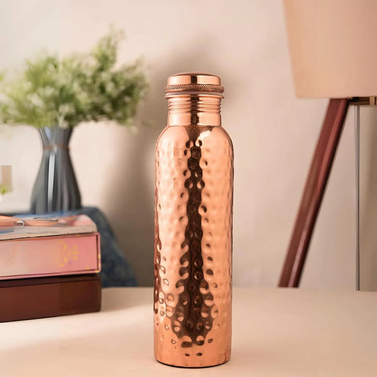 Copper Water Bottle 34oz/1000ml, Pure Handmade Hammered Copper Vessel, Ayurvedic Drinking Flask, Leak-Proof Heavy Duty for Gym Yoga Travel