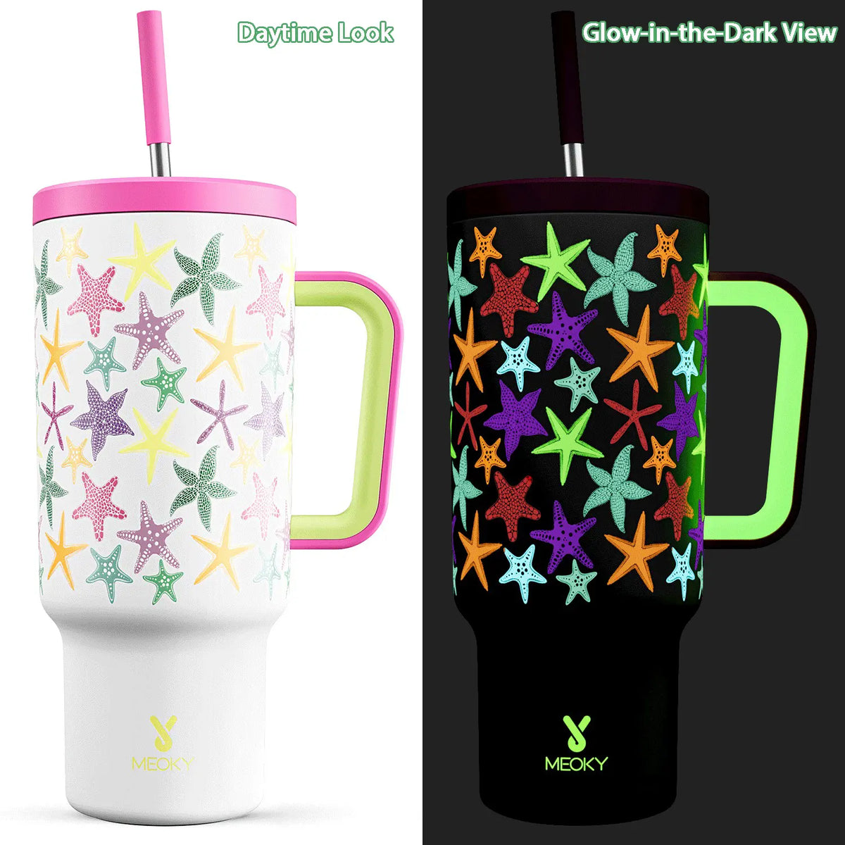 MEOKY 40oz Glow-in-the-Dark Star Print Blush Pink Leakproof Tumbler with Handle - Double Wall Insulated Stainless Steel Vacuum Flask, Non-Slip Base, Car-Friendly BPA-Free, Built-in Straw, Glow Pink Starry, Fun Design #tiktokshopstockup,sohochic