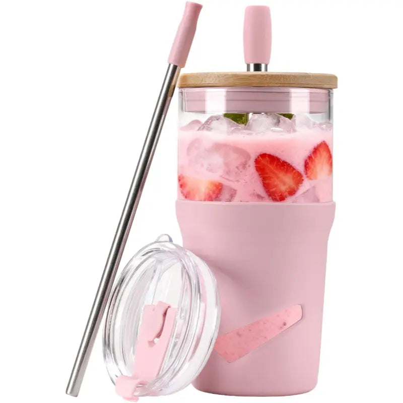 【Olivego】20oz Eco-Friendly Reusable Glass Water Tumbler - Portable 2-in-1 Cup with Bamboo Lid, Straw, Anti-Slip Silicone Sleeve, Wide-Mouth Clean, Slim Fit - Durable, Stylish Non-Insulated Hand Wash On-the-Go Drinkware for Coworkers, Adulting Gifts