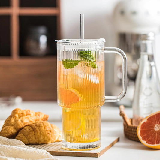 DWTS DANWEITESI 16.9oz Round Ribbed Glass Tumbler Set of 2 - Portable, Leakproof, Reusable, Washable with Handle, Lid, Straw - Vintage Outdoor Drinkware for Cocktails, Coffee (Deodorant Feature Included)