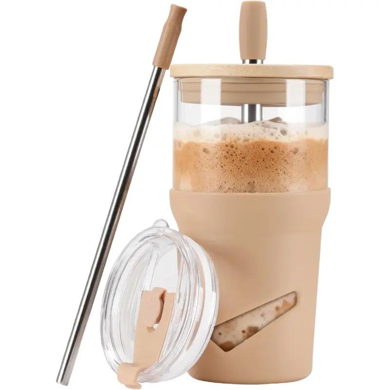 【Olivego】20oz Eco-Friendly Reusable Glass Water Tumbler - Portable 2-in-1 Cup with Bamboo Lid, Straw, Anti-Slip Silicone Sleeve, Wide-Mouth Clean, Slim Fit - Durable, Stylish Non-Insulated Hand Wash On-the-Go Drinkware for Coworkers, Adulting Gifts